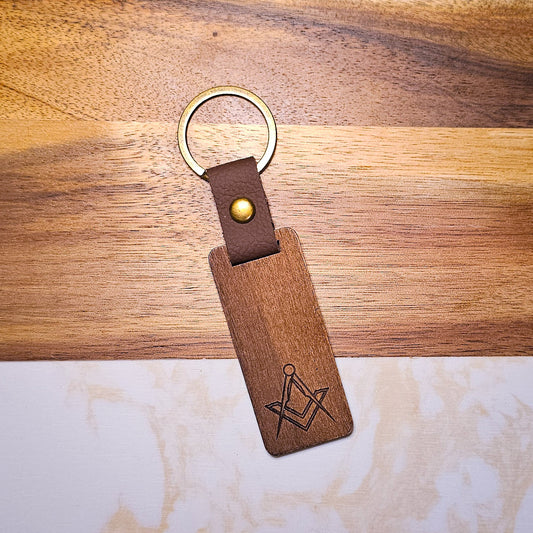 Square & Compass Wood & PU Leather Keyring